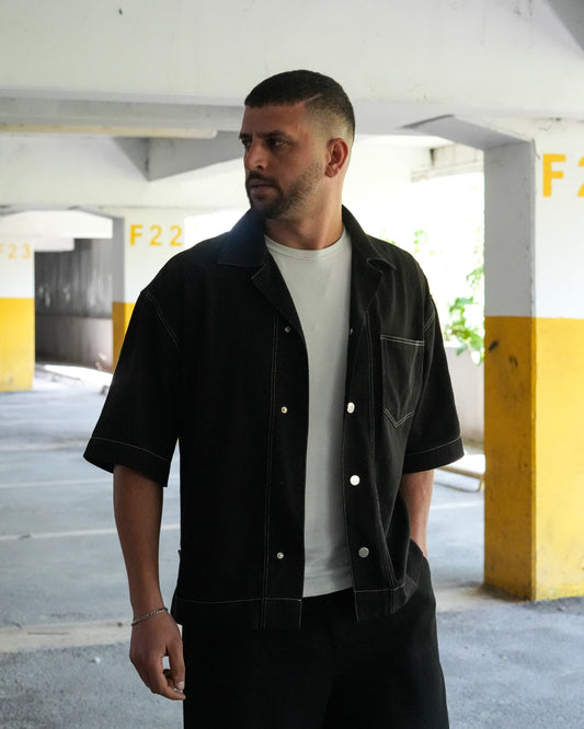 Siyah Kısa Kol İnce Gabardin Gömlek