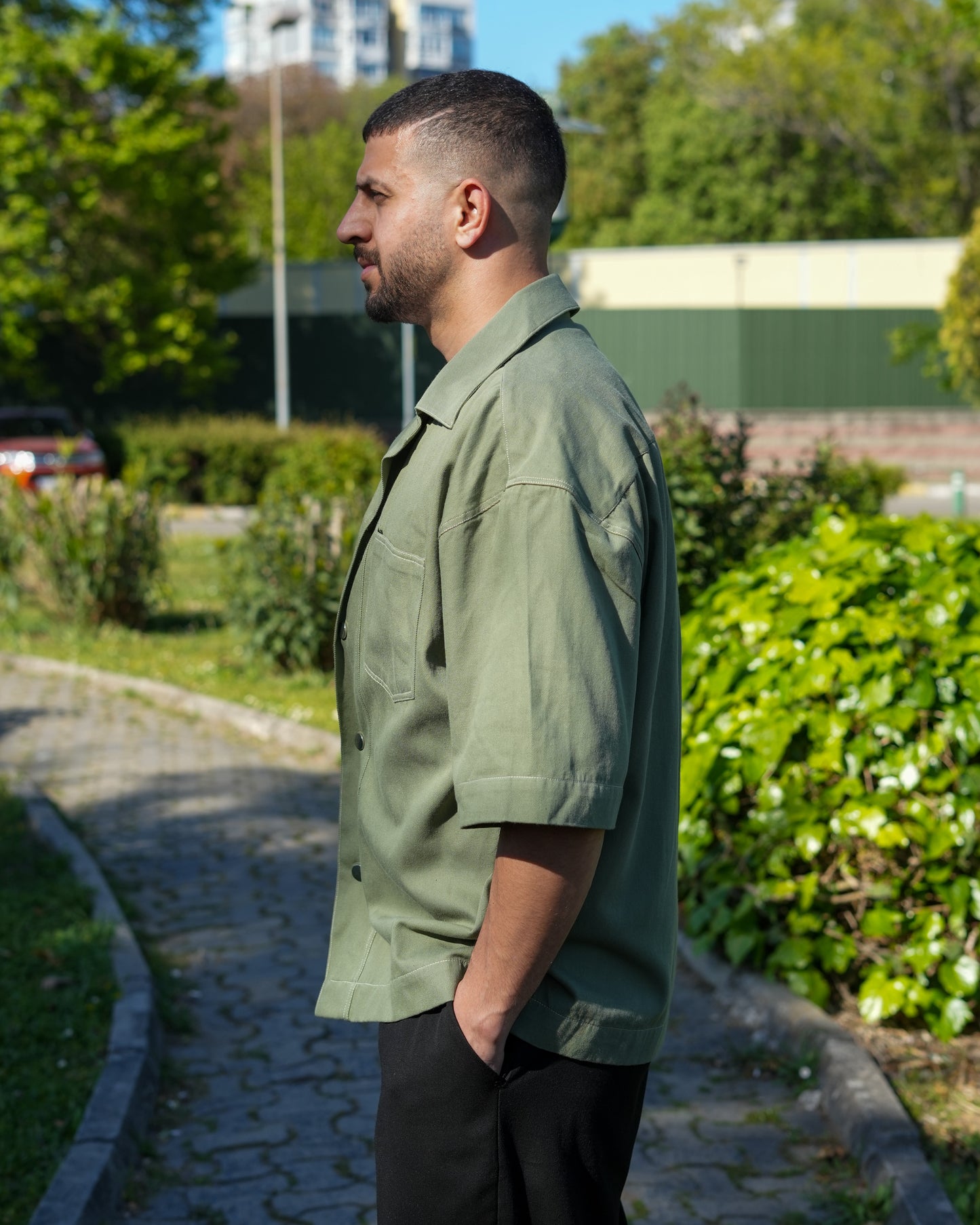 Yeşil Kısa Kol İnce Gabardin Gömlek