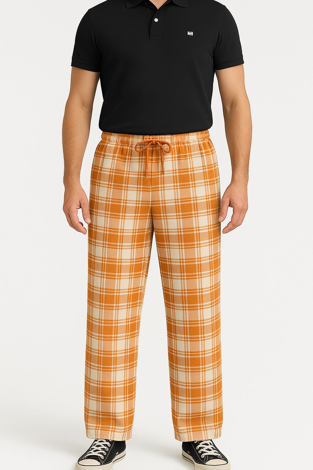 Turuncu Ekose Desen Fırcalı Esofman Altı-Pijama