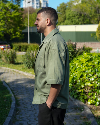 Yeşil Kısa Kol İnce Gabardin Gömlek