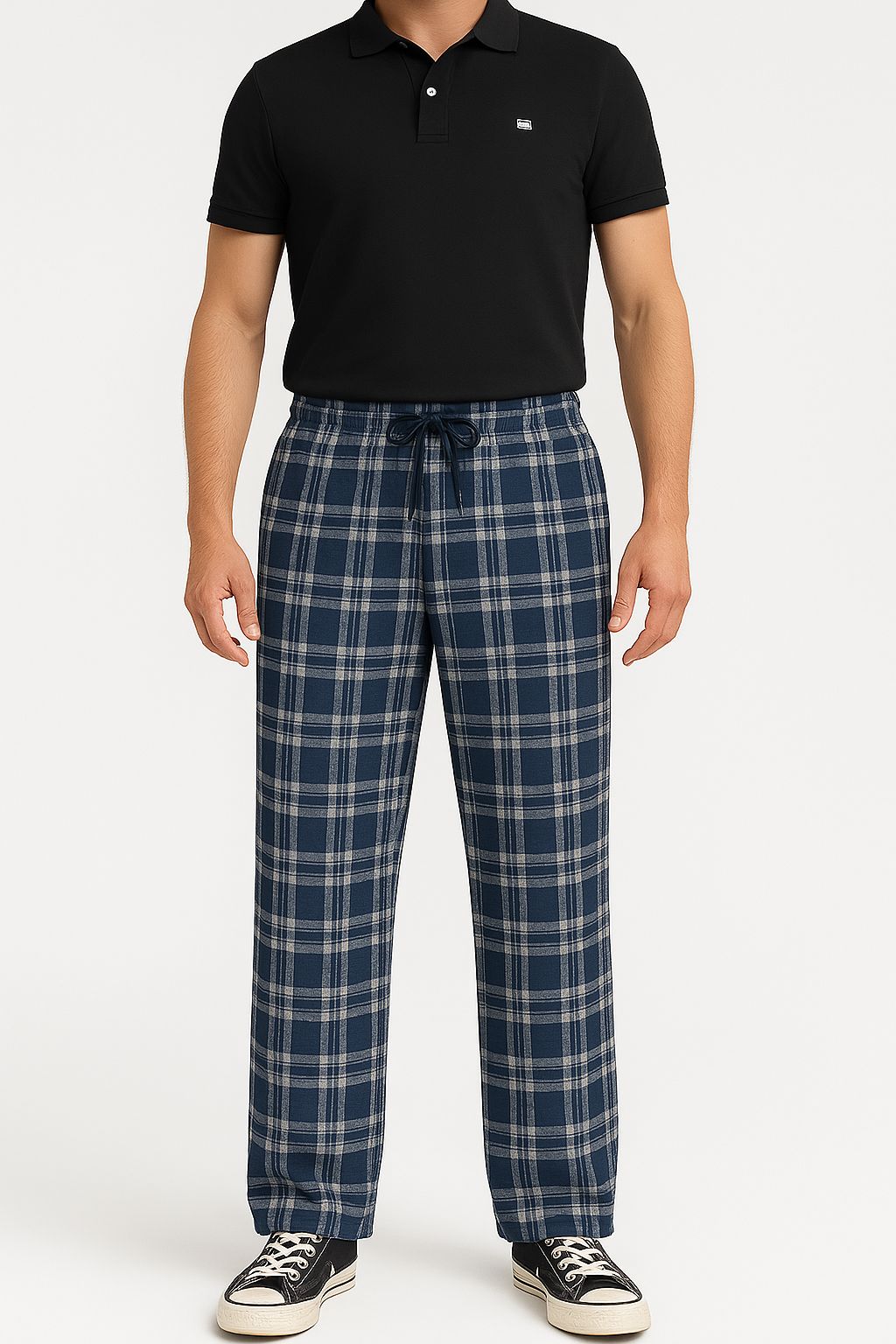 Mavi Ekose Desen Fırcalı Esofman Altı-Pijama