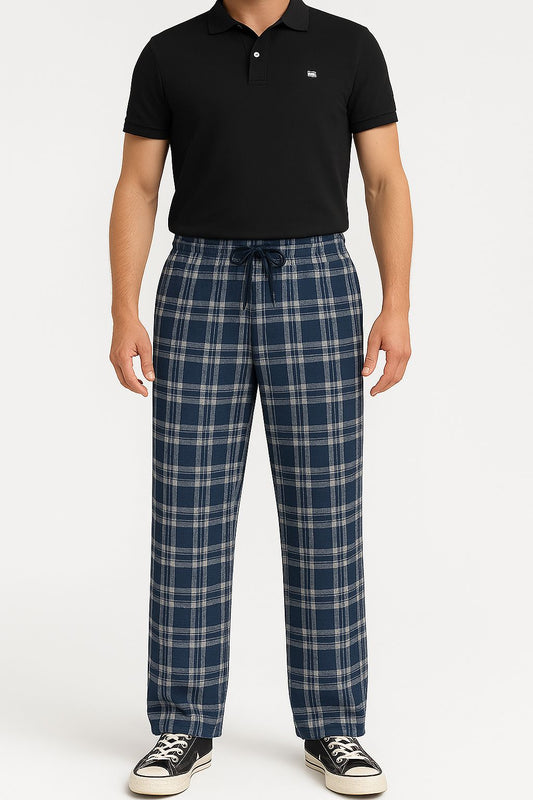 Mavi Ekose Desen Fırcalı Esofman Altı-Pijama