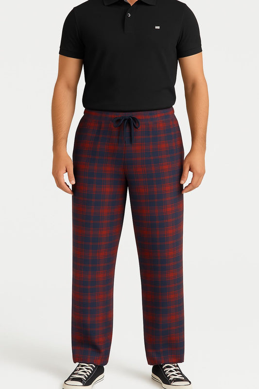 Bordo Mavi Ekose Desen Fırcalı Esofman Altı-Pijama