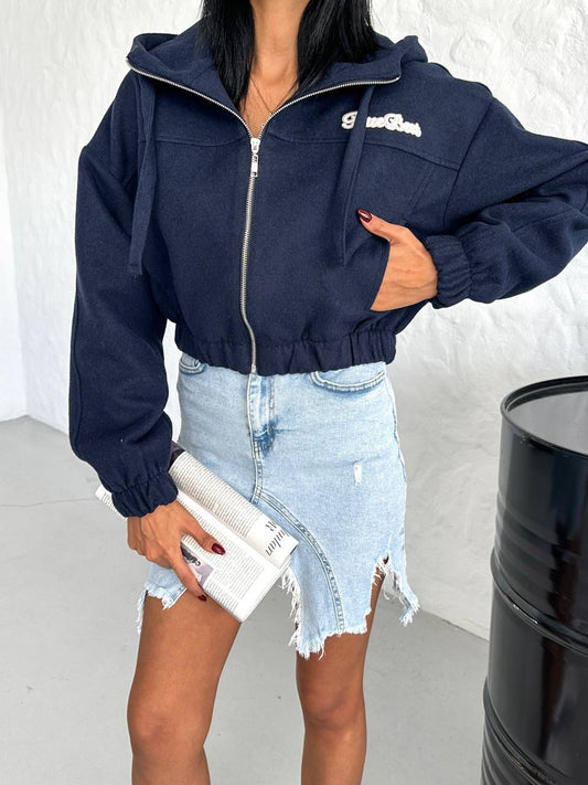 Kaşe Kapüşonlu Crop Ceket