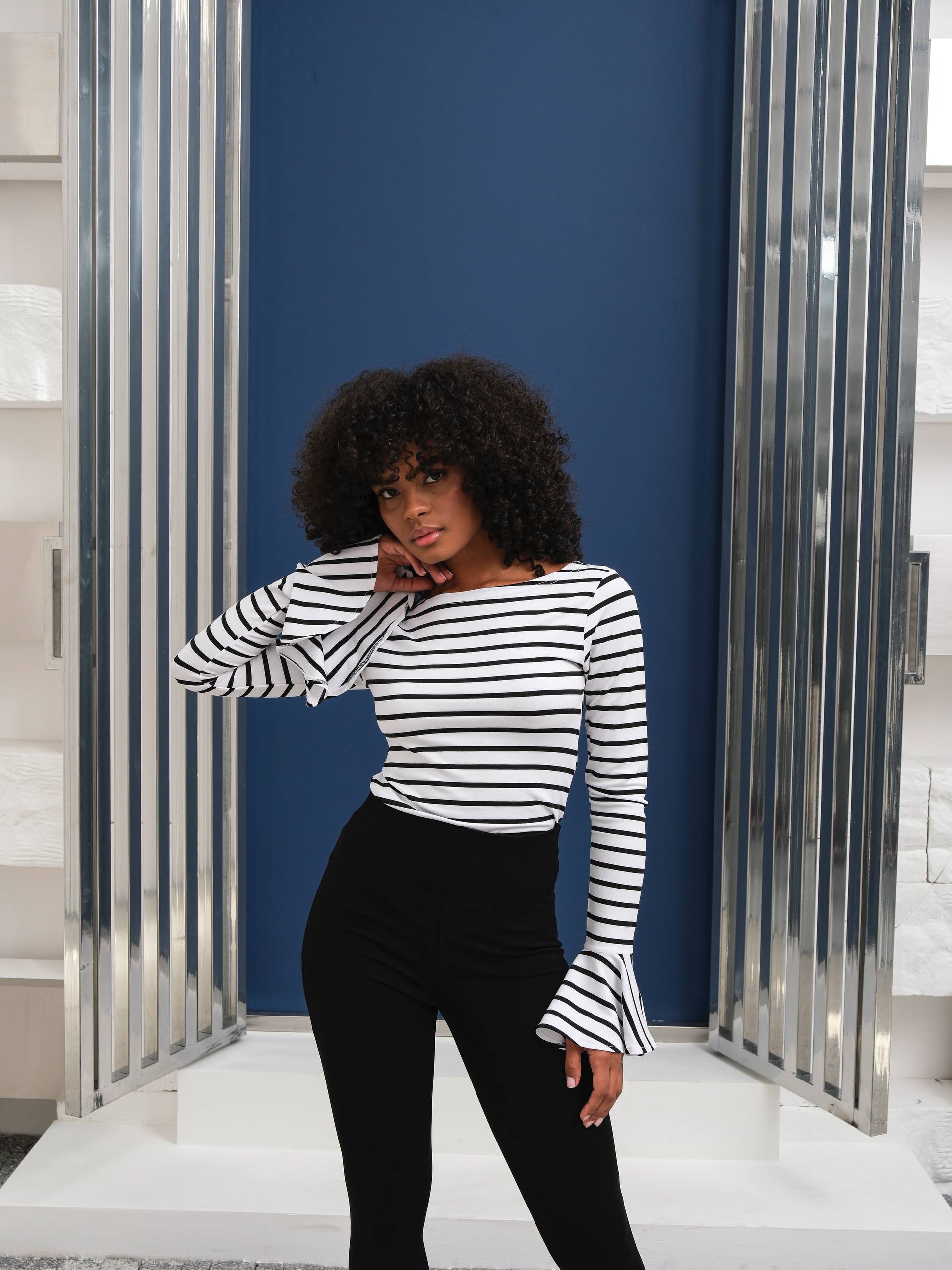 Çizgili volan kol bluz