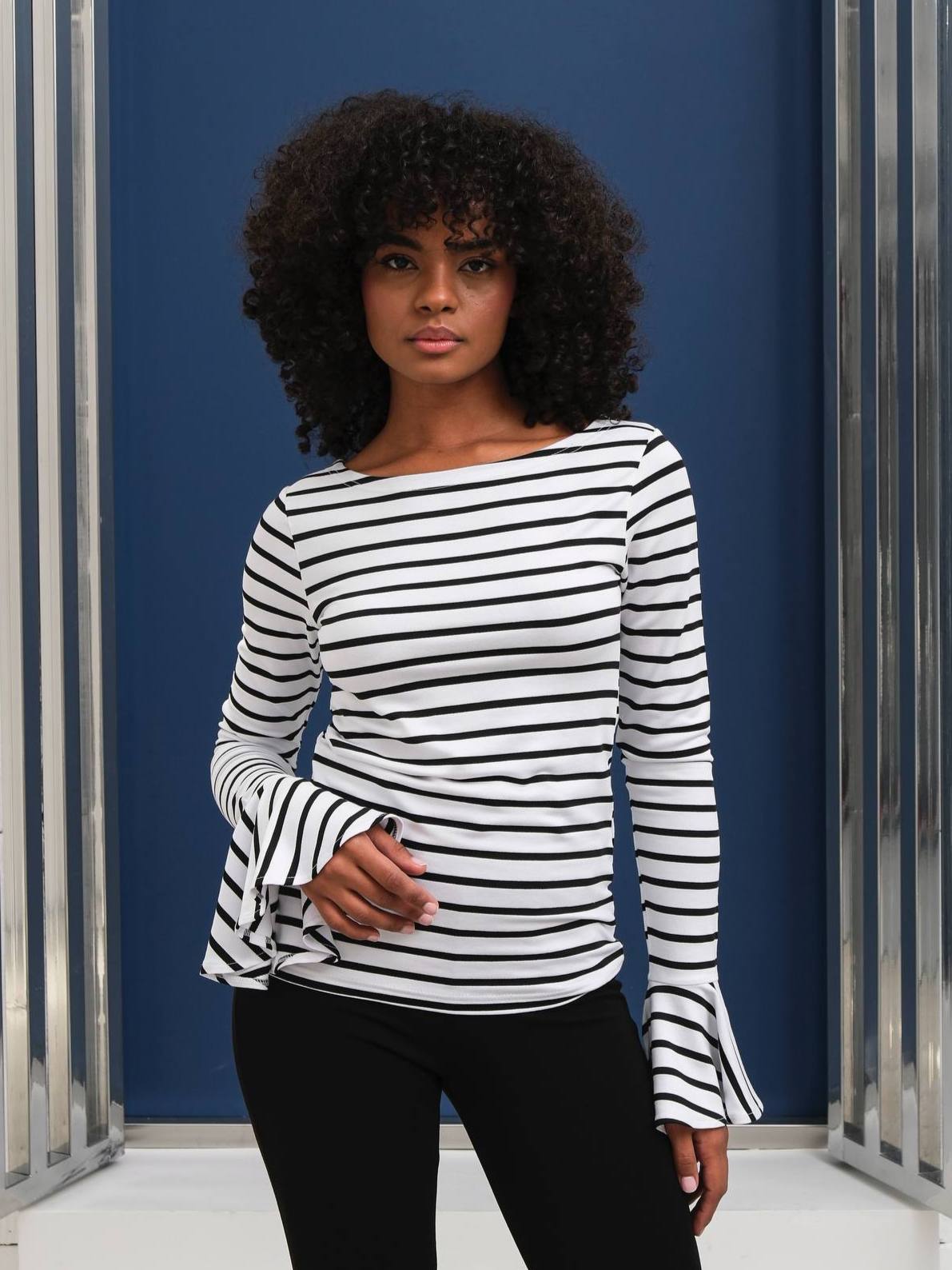 Çizgili volan kol bluz