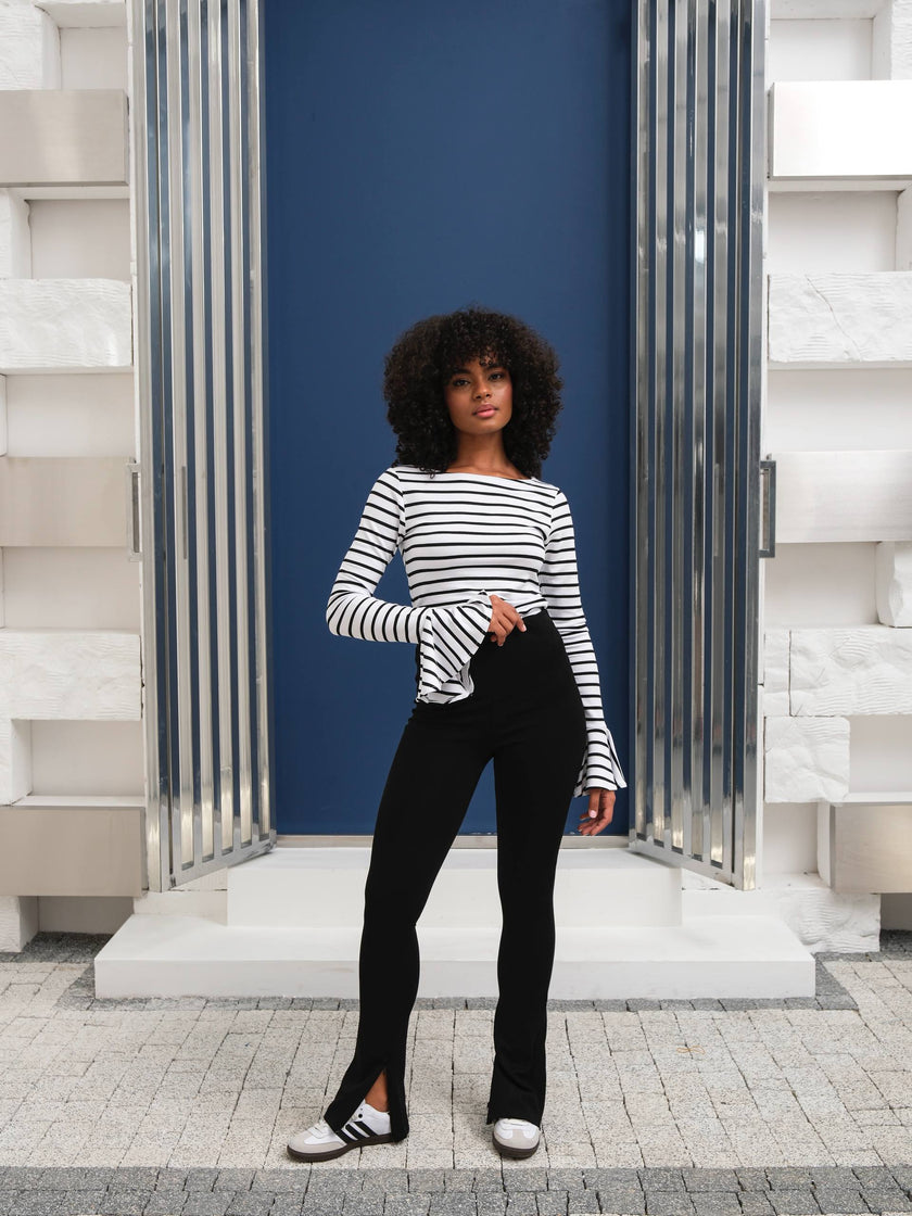 Çizgili volan kol bluz