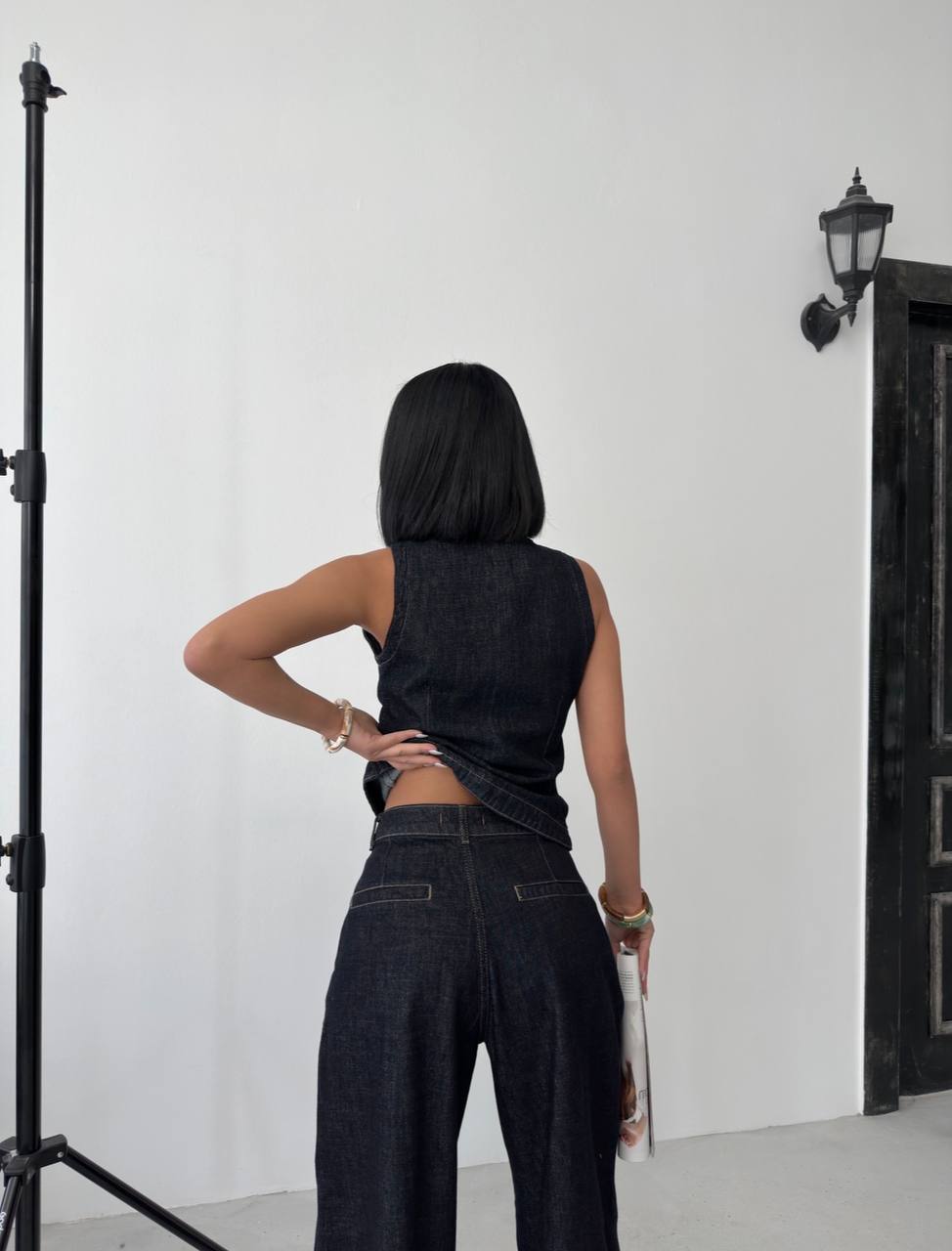 Denim yelekli takım