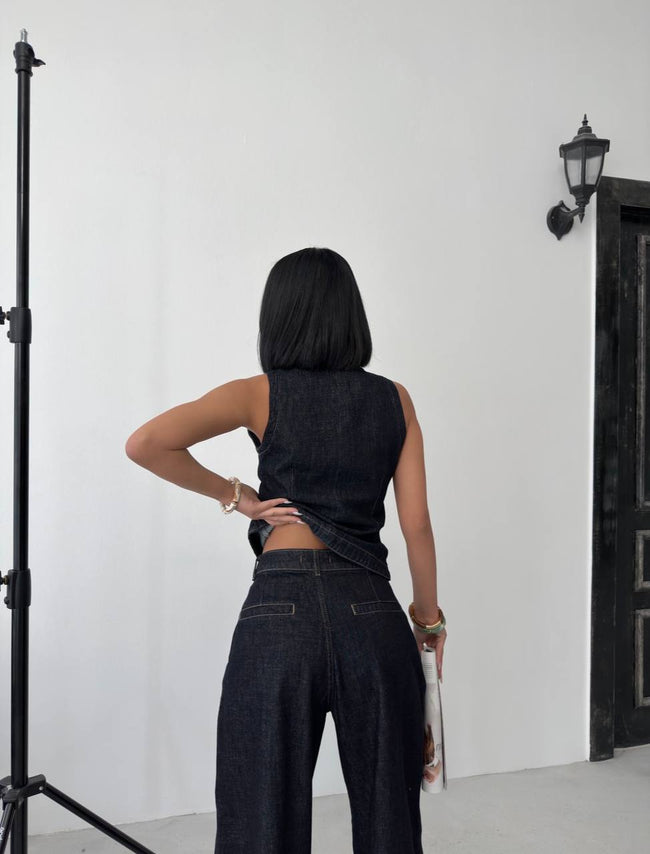 Denim yelekli takım