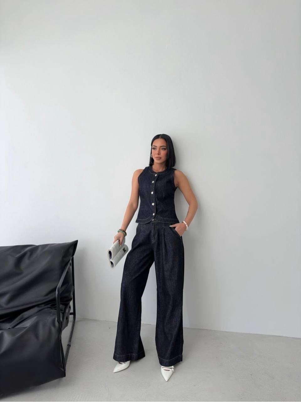 Denim yelekli takım