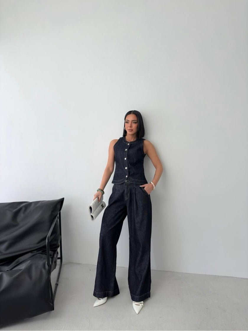 Denim yelekli takım