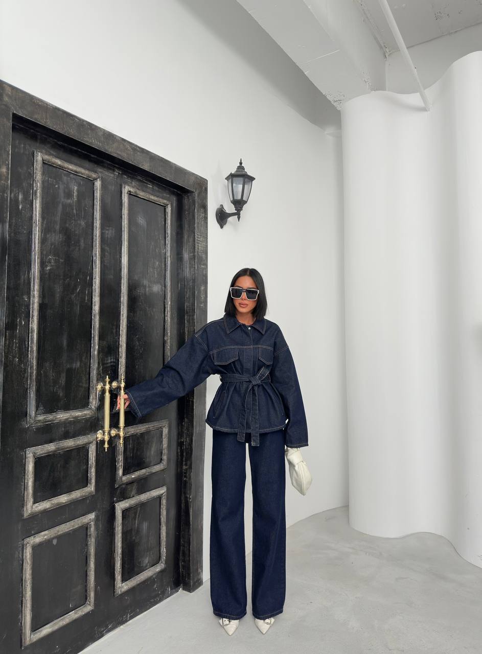 Kuşaklı denim takım