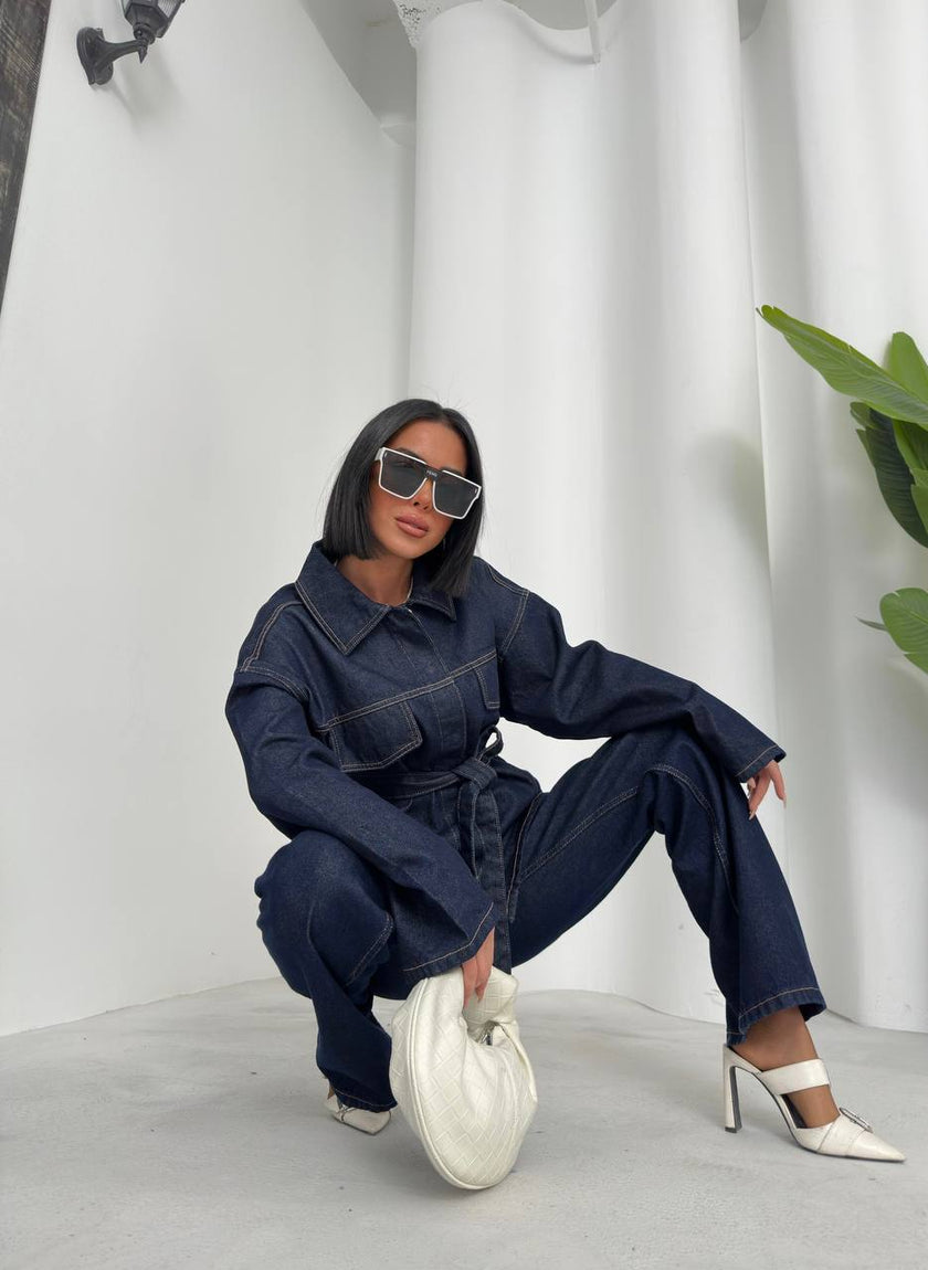 Kuşaklı denim takım