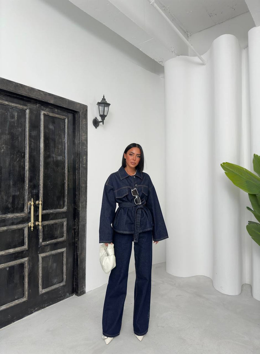 Kuşaklı denim takım