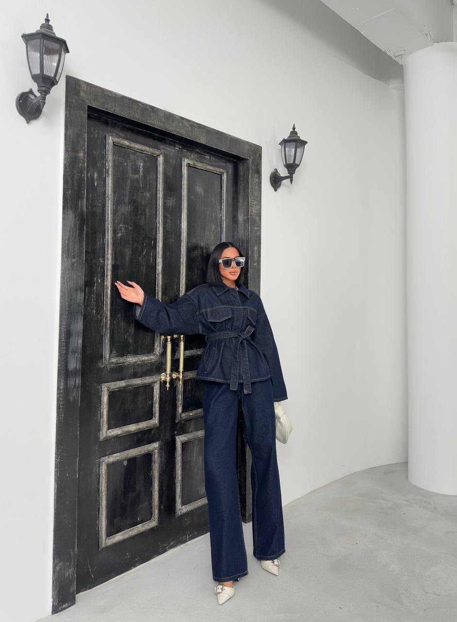 Kuşaklı denim takım