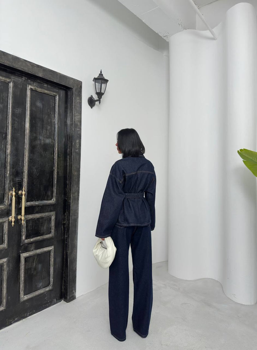 Kuşaklı denim takım