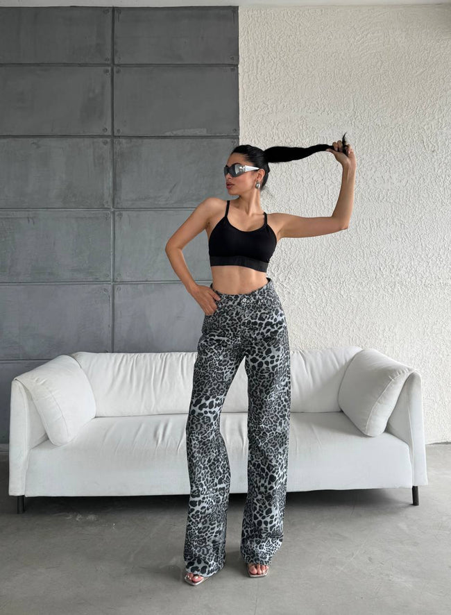 Leopar desen straight-leg pantolon