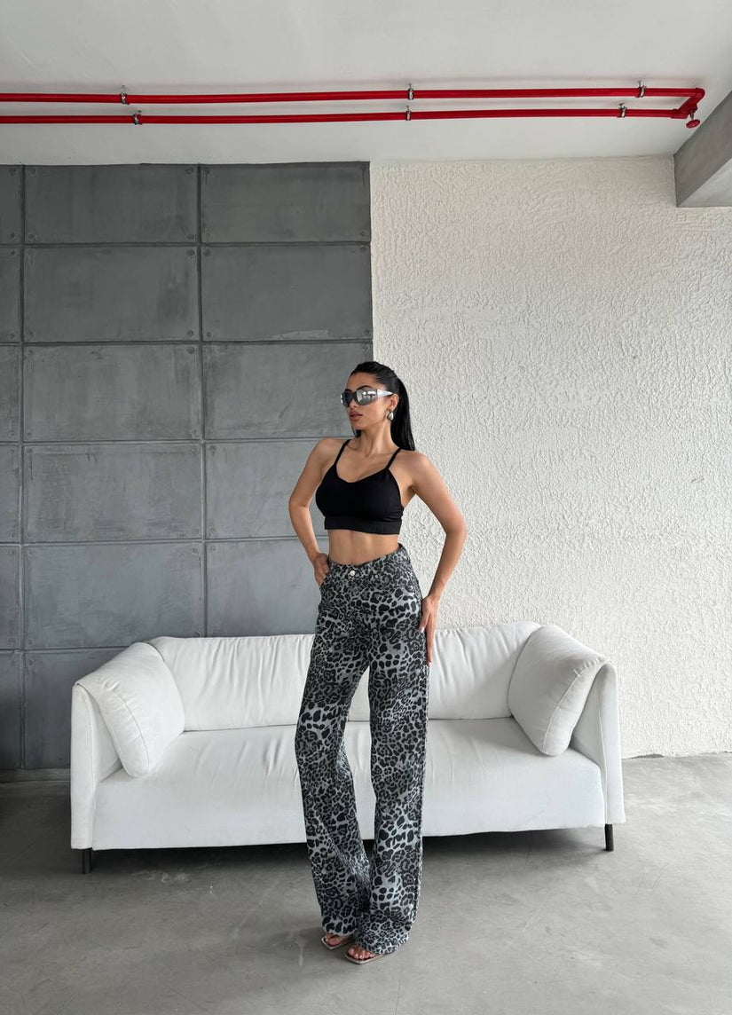 Leopar desen straight-leg pantolon