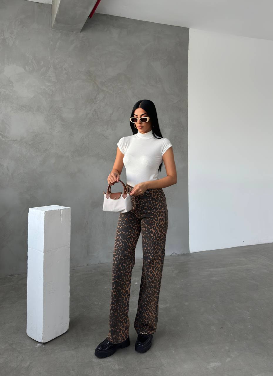 Leopar desen straight-leg pantolon