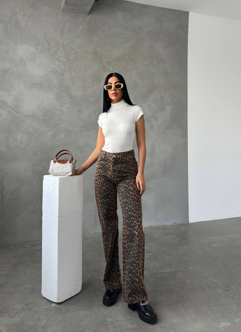 Leopar desen straight-leg pantolon