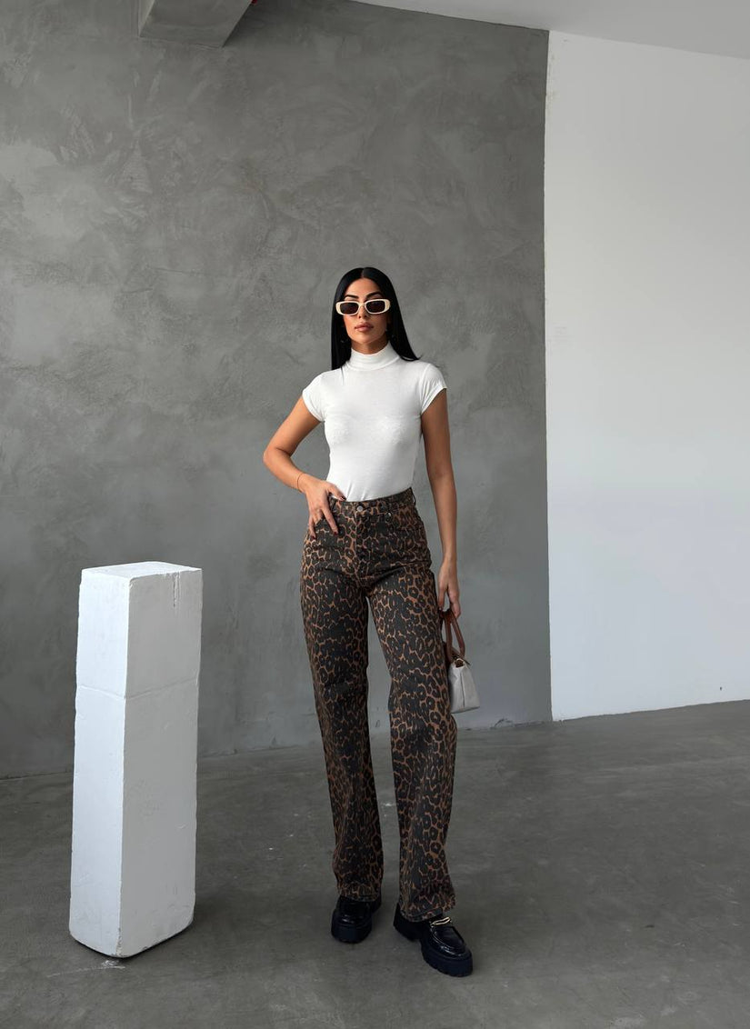 Leopar desen straight-leg pantolon