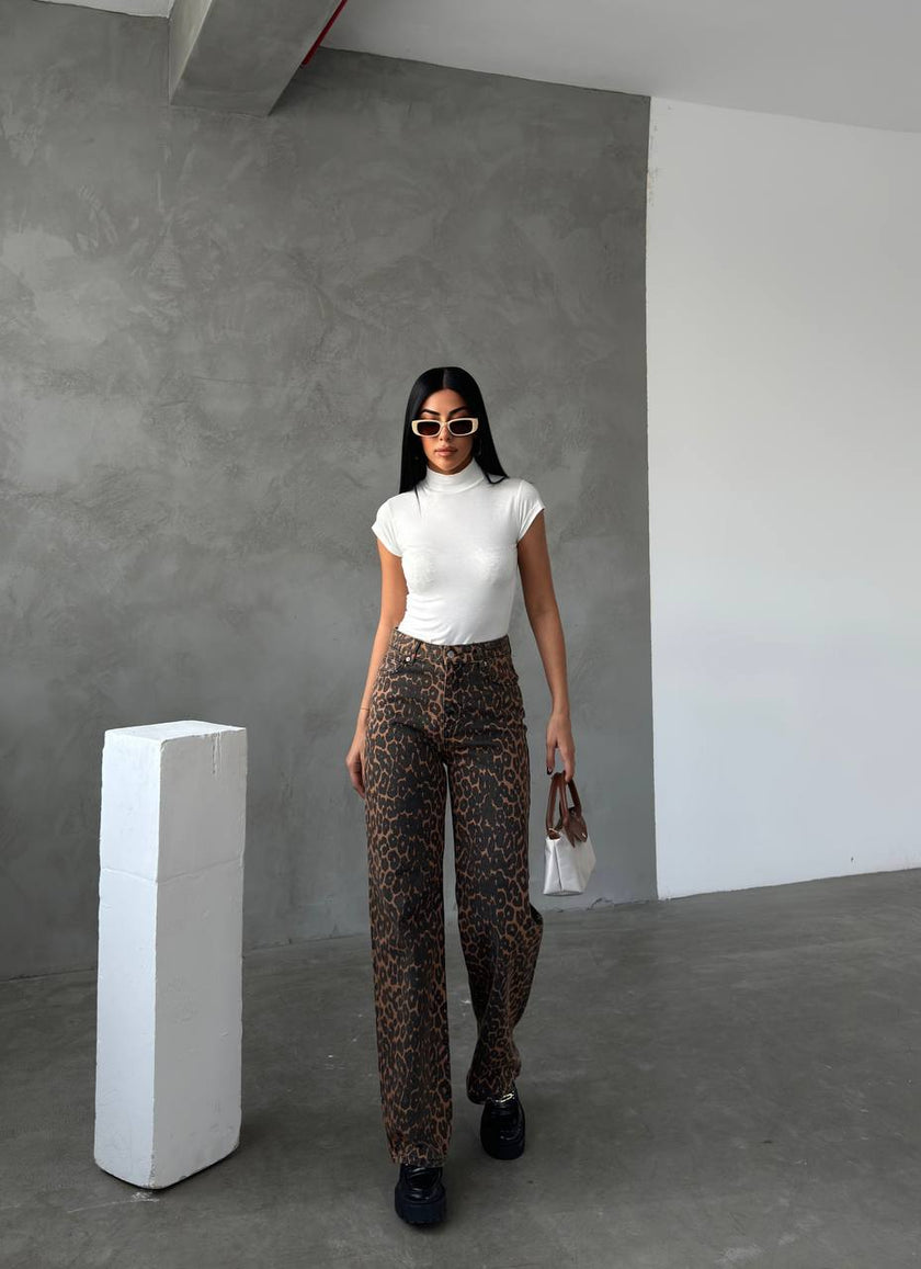 Leopar desen straight-leg pantolon