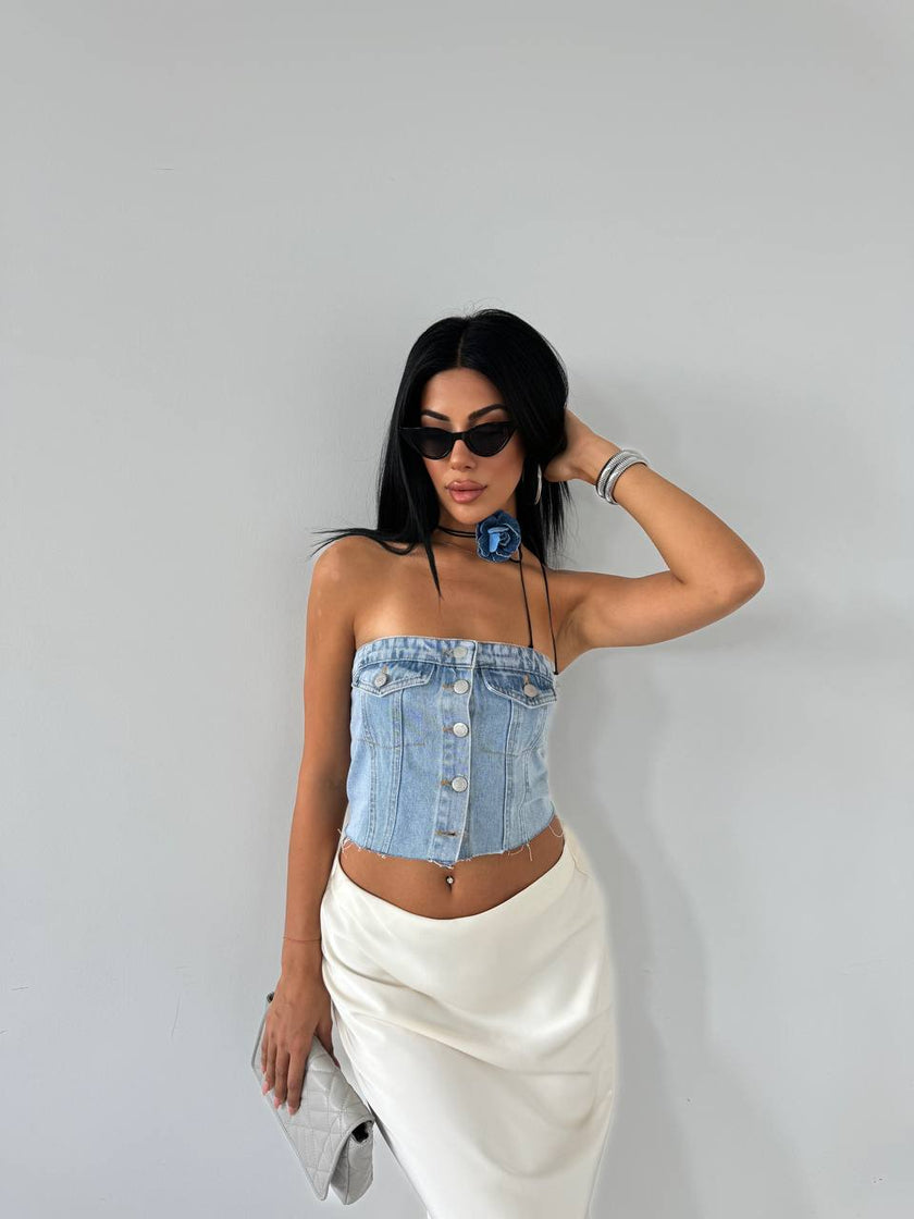 Strapless denim bustier