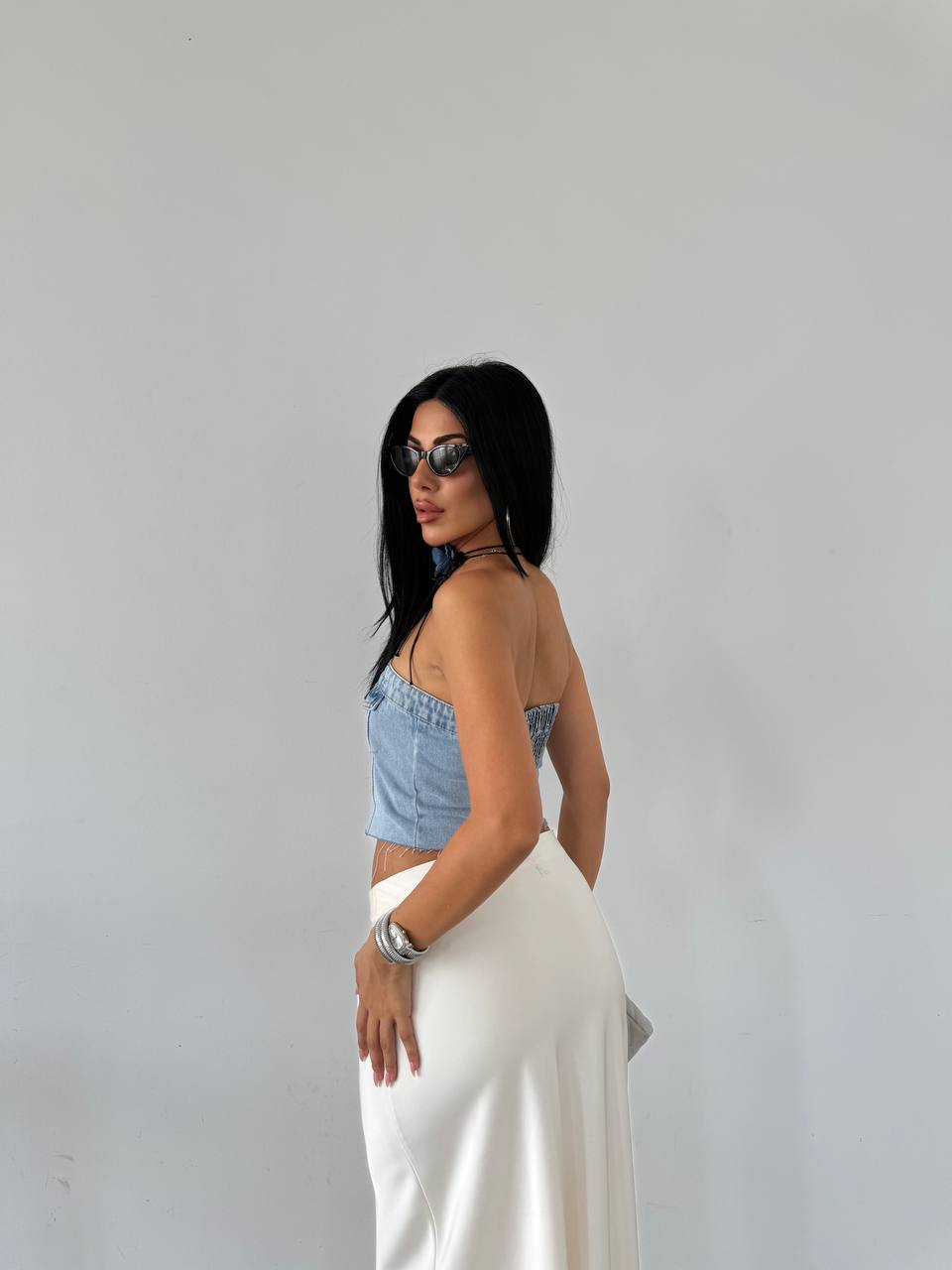 Strapless denim bustier