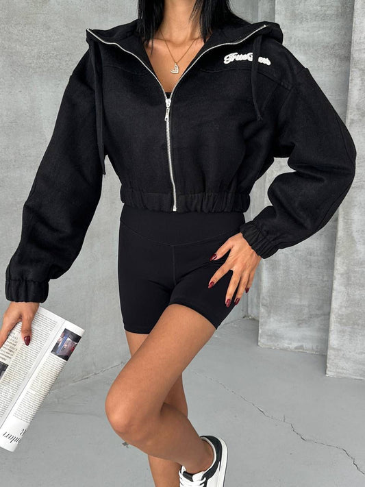 Kaşe Kapüşonlu Crop Ceket